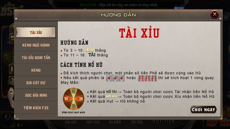 Luật chơi tài xỉu B52CLUB cơ bản
