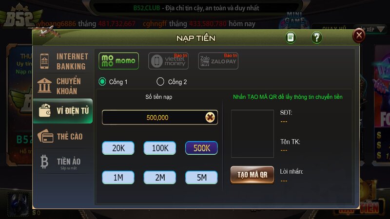 Hướng dẫn nạp tiền bằng ví điện tử