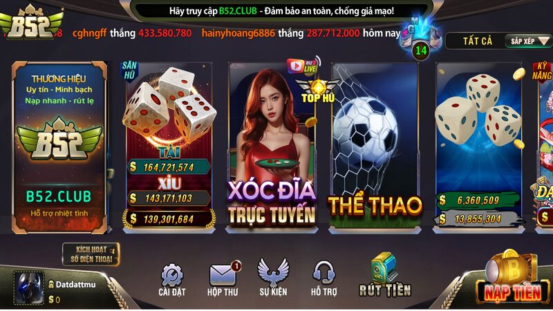 Giao diện chính của B52CLUB