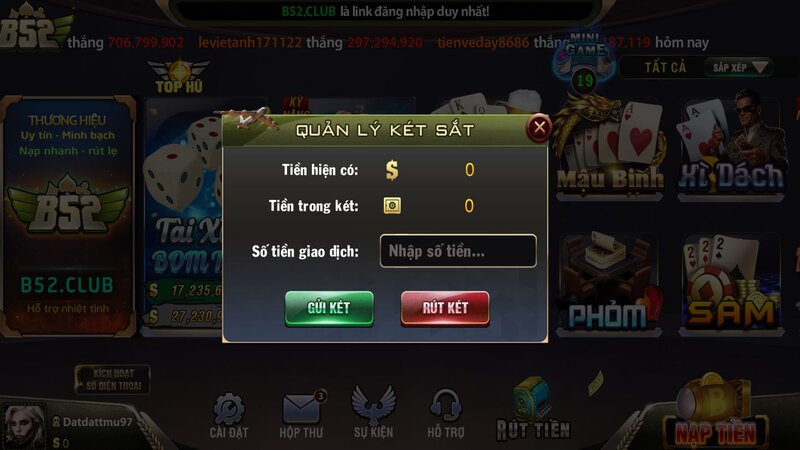 Hướng dẫn sử dụng tính năng két sắt B52CLUB