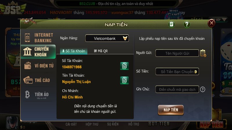 Hướng dẫn nạp tiền bằng Vietcombank bằng tài khoản ngân hàng